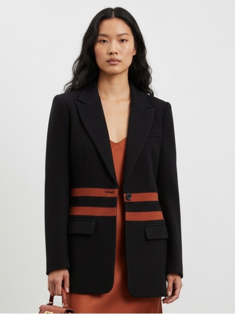 Smythe Black Wool Blazer Rust Stripe Detail Tailored Statement Blazer Size 8